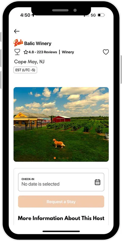 Outdoor Recreation Membership App — mobile listing view showing host location with photo, rating, and check-in booking
