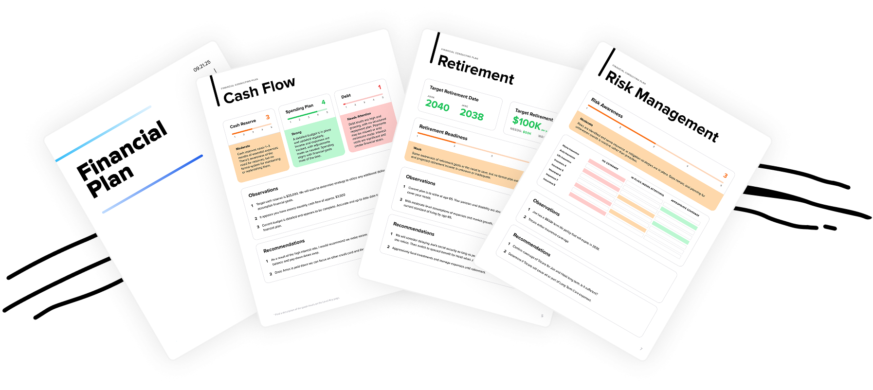 Financial Planning Platform — client-ready financial plan documents including cover page, cash flow, retirement, and risk management